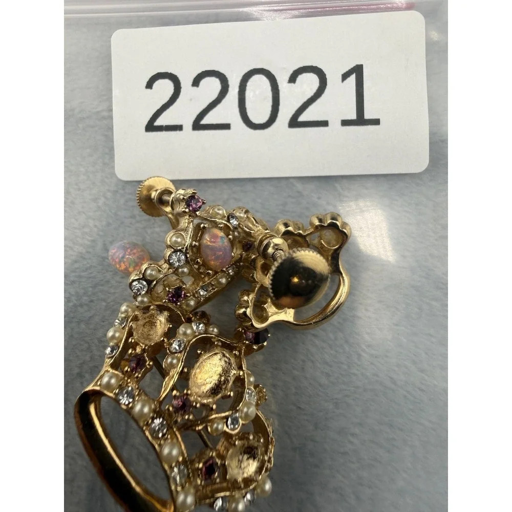 Vintage Crown Brooch Screw Back Earrings Set Rhinestone Pink‎